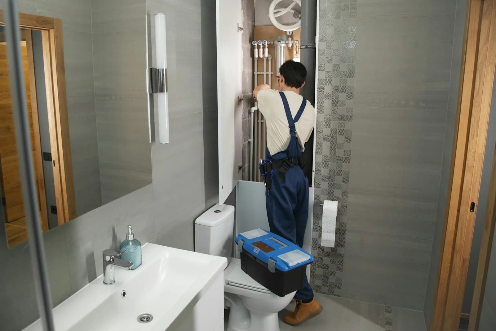 A technician in coveralls working on plumbing behind a wall panel, toolbox in hand